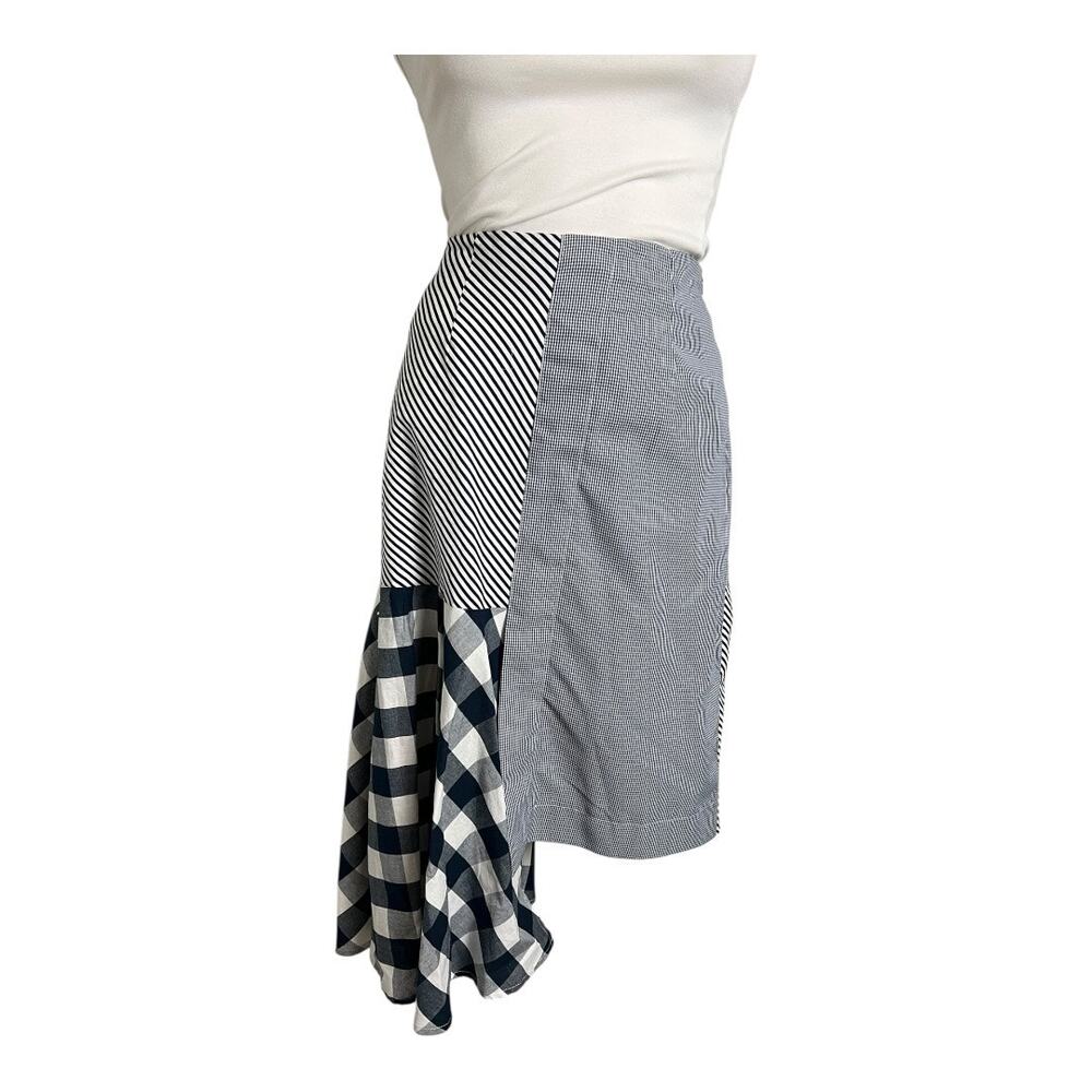 Beulah Style Women Skirt M Blue White Patchwork Cotton Gingham Asymmetrical Hem